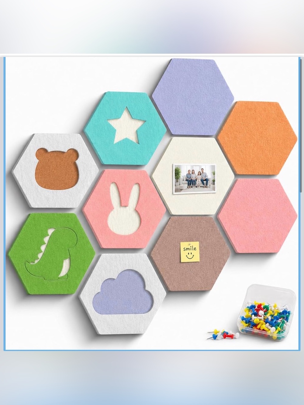 10 Pack Self Adhesive 12” Hexagon Felt Bulletin Board Tiles w/ Push Pins, NEW